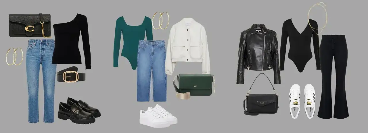 Stylizacje na wyjście do pubu: jeansy, body, ramoneska, sneakersy i torebki.