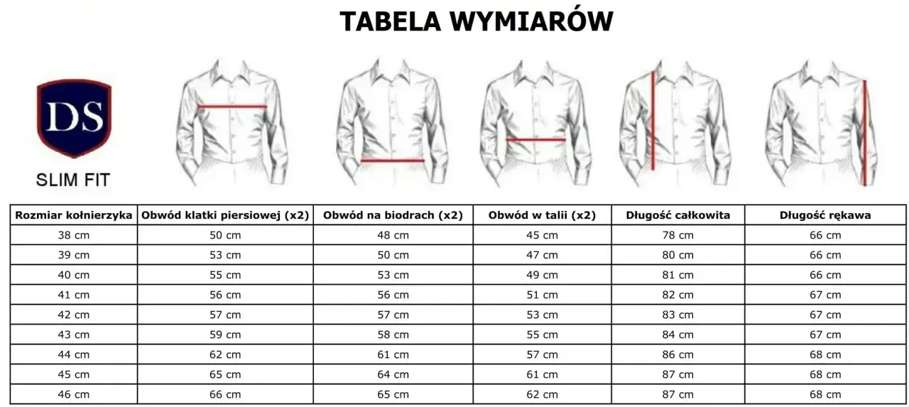 Tabela rozmiarów koszul męskich SLIM FIT: kołnierzyk, klatka, biodra, talia, długość całkowita i rękawa.