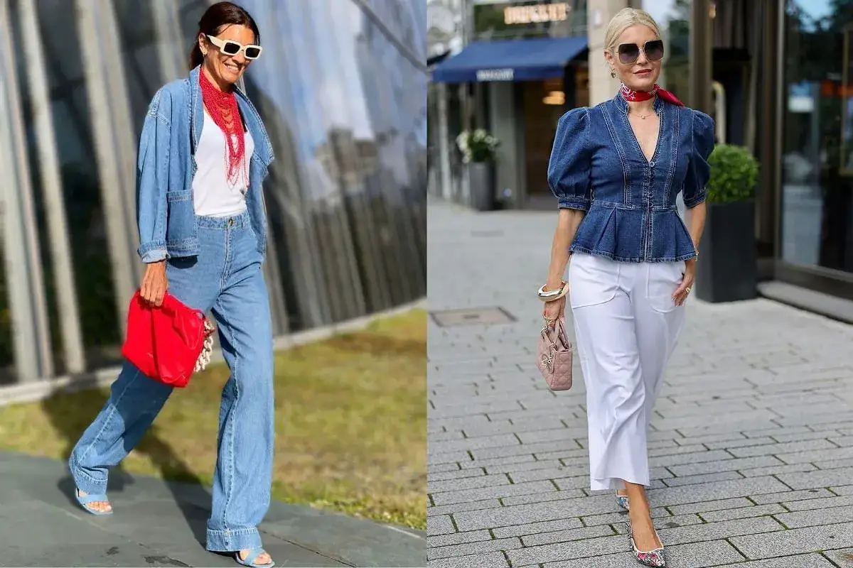 Stylowe kobiety po 60. w denimowych stylizacjach. Jedna w szerokich jeansach i kurtce, druga w jeansowej bluzce z bufkami i białych spodniach.