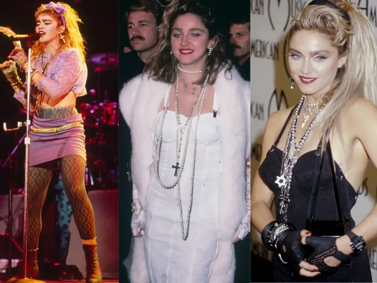 Madonna w stylizacjach z lat 80. disco moda: fioletowa spódniczka, biała sukienka z futrem, czarna kreacja z naszyjnikami.